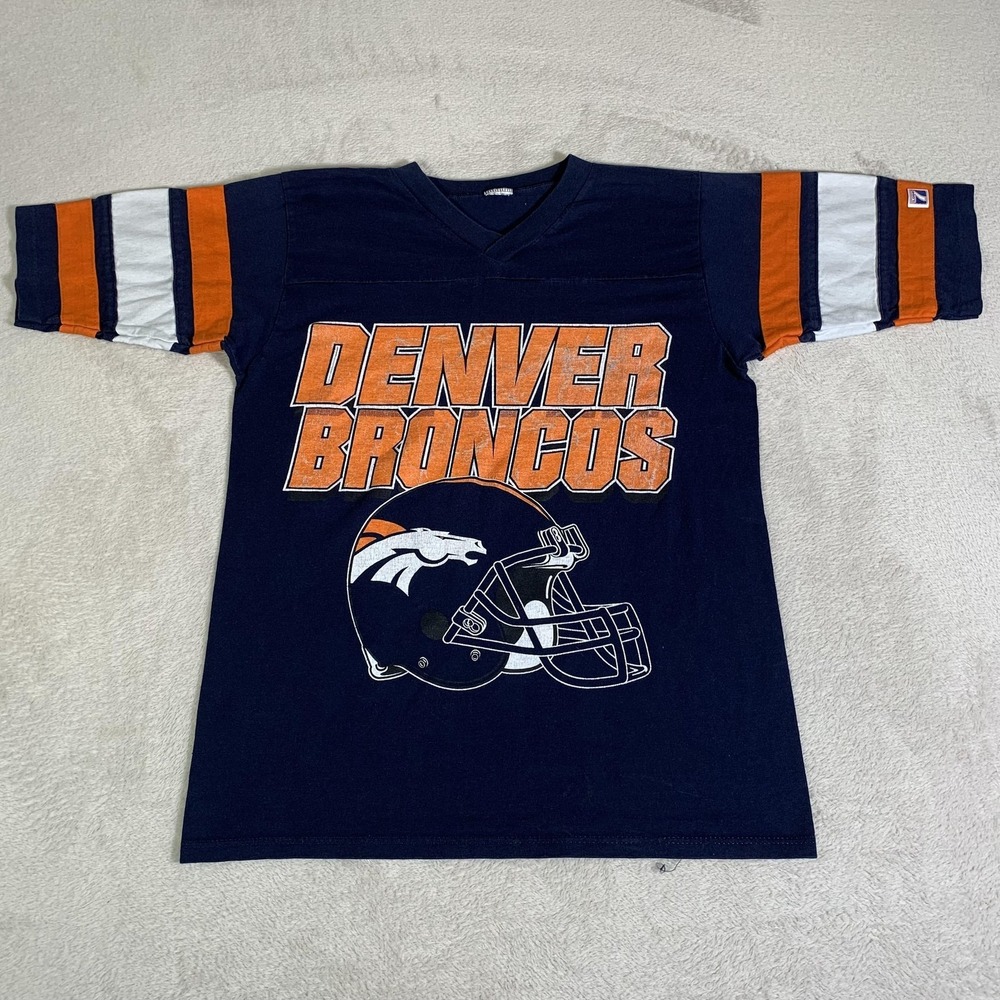 Vintage Denver Broncos Shirt Mens Medium Blue NFL Football Logo 7 Graphic Tee